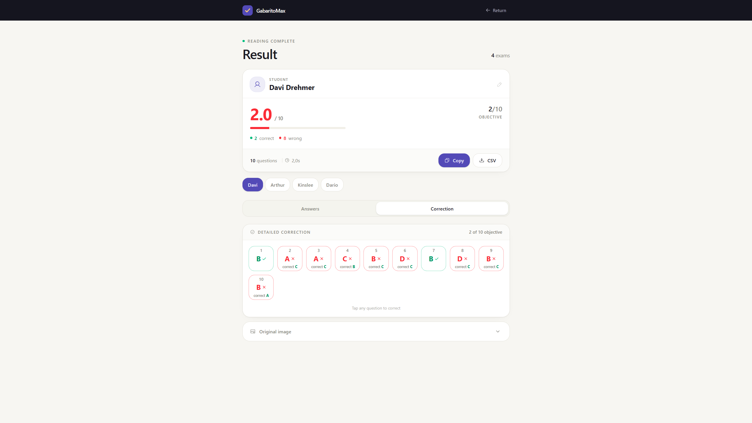 GabaritoMax exam grading dashboard preview